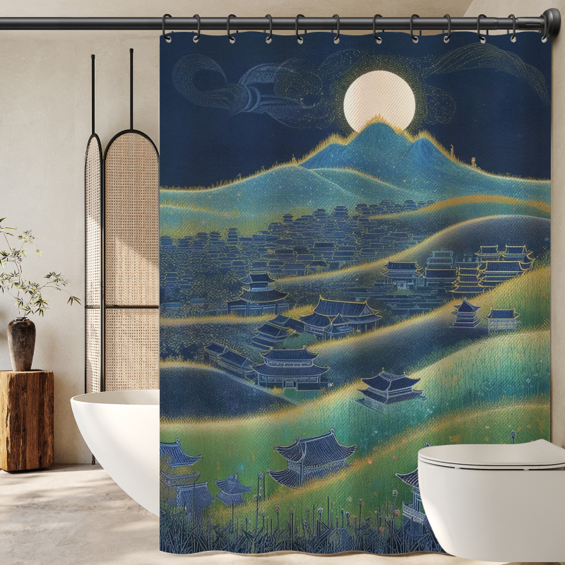 Завеса за баня с китайски стил и пейзажен мотив, полиестер, персонализирана обработка