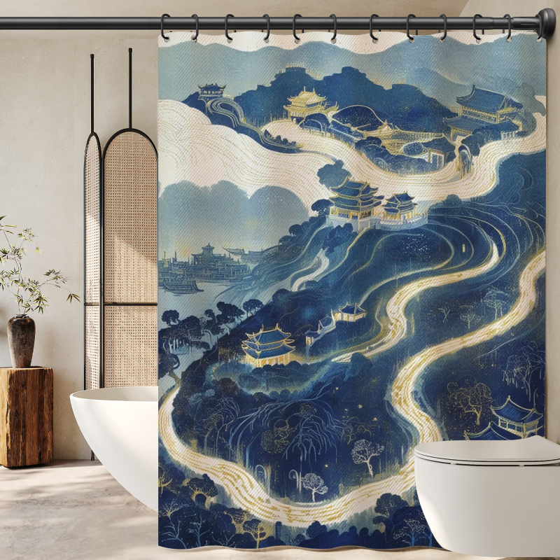 Завеса за баня с китайски стил и пейзажен мотив, полиестер, персонализирана обработка