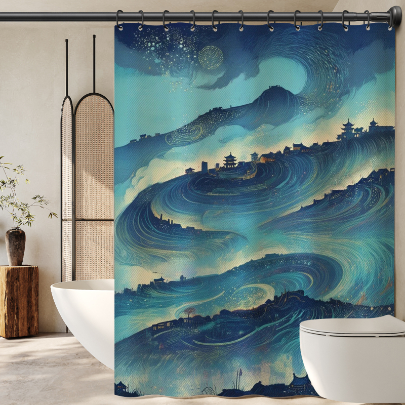 Завеса за баня с китайски стил и пейзажен мотив, полиестер, персонализирана обработка