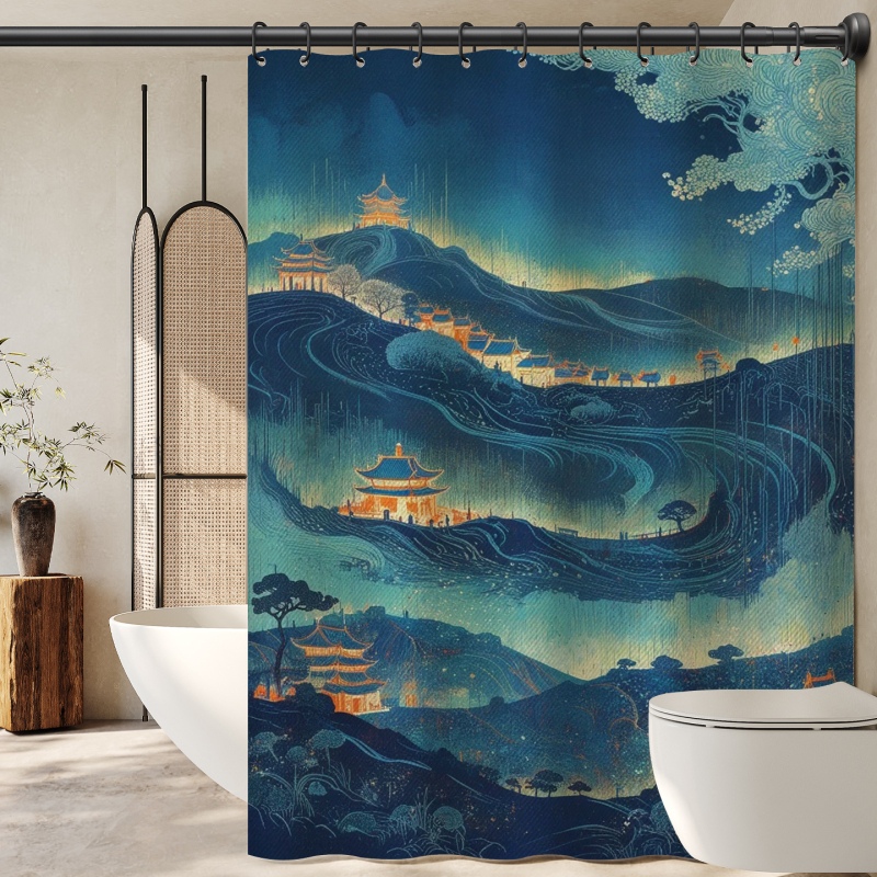 Завеса за баня с китайски стил и пейзажен мотив, полиестер, персонализирана обработка
