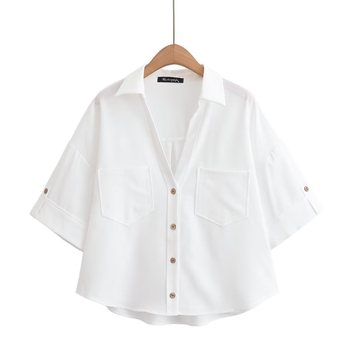 Női ing V-nyakkal, rövid ujjú, poliészter rostos keverék, poliészter tartalom 30–50%, street hipster stílus