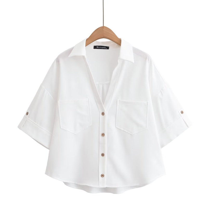 Női ing V-nyakkal, rövid ujjú, poliészter rostos keverék, poliészter tartalom 30–50%, street hipster stílus