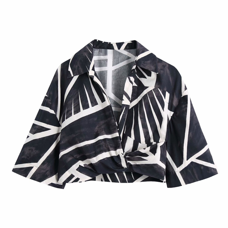 Bluza s geometrijskim printom, kratki rukavi, rever ovratnik, normalan kroj, poliester 95%
