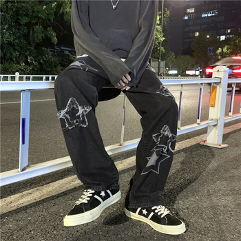 Muške oversized traperice, ravni kroj, print s ručno crtanim uzorkom, obični denim, pamuk 65%