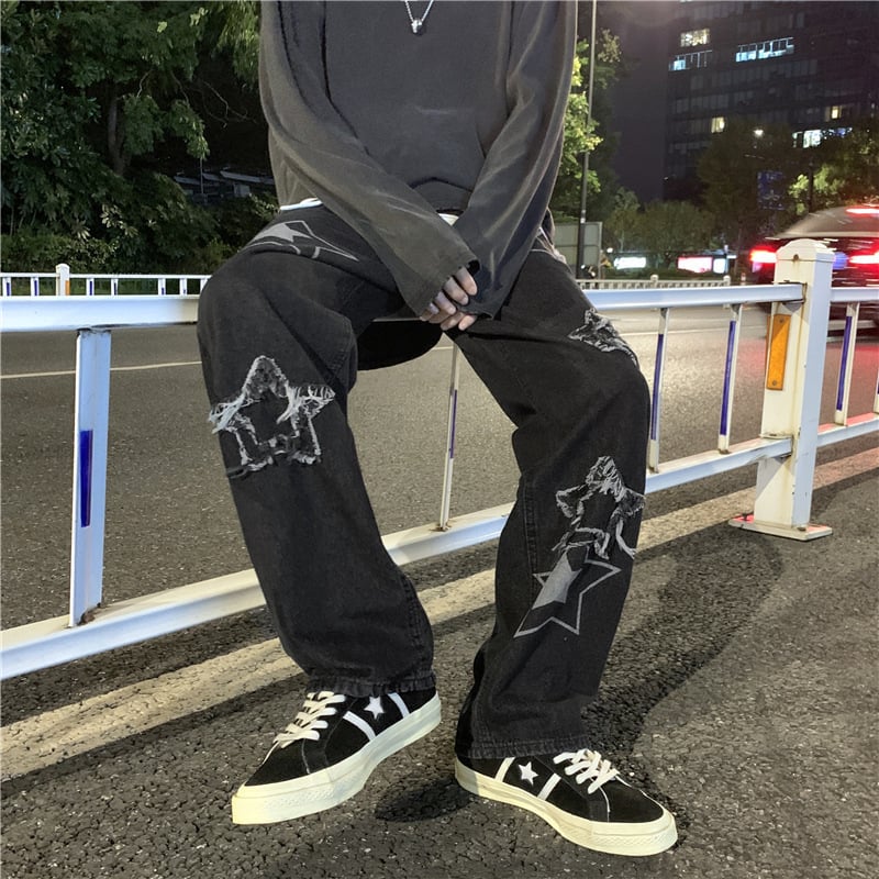 Muške oversized traperice, ravni kroj, print s ručno crtanim uzorkom, obični denim, pamuk 65%
