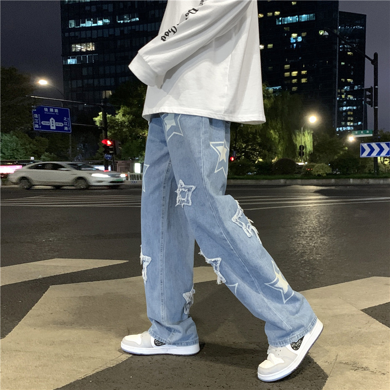 Muške oversized traperice, ravni kroj, print s ručno crtanim uzorkom, obični denim, pamuk 65%