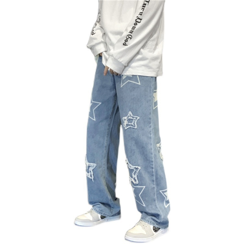 Muške oversized traperice, ravni kroj, print s ručno crtanim uzorkom, obični denim, pamuk 65%