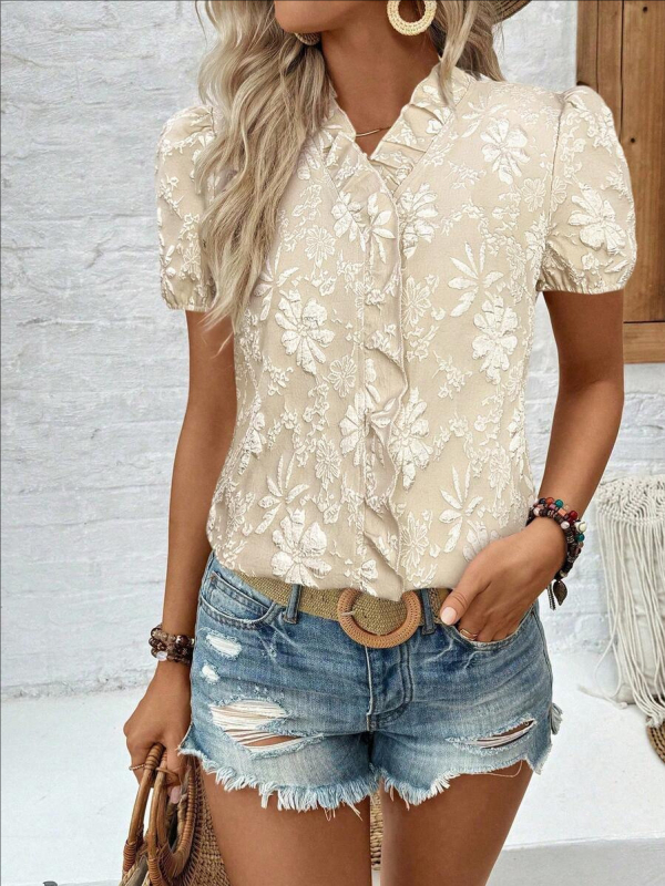 Košulja od jacquard tkanine, poliester ≥95%, kratki rukavi, V izrez, pulover stil