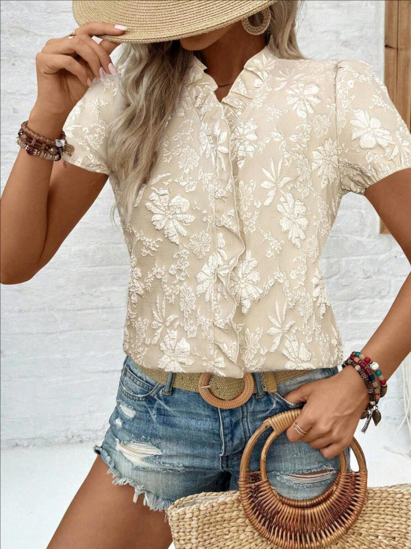 Košulja od jacquard tkanine, poliester ≥95%, kratki rukavi, V izrez, pulover stil