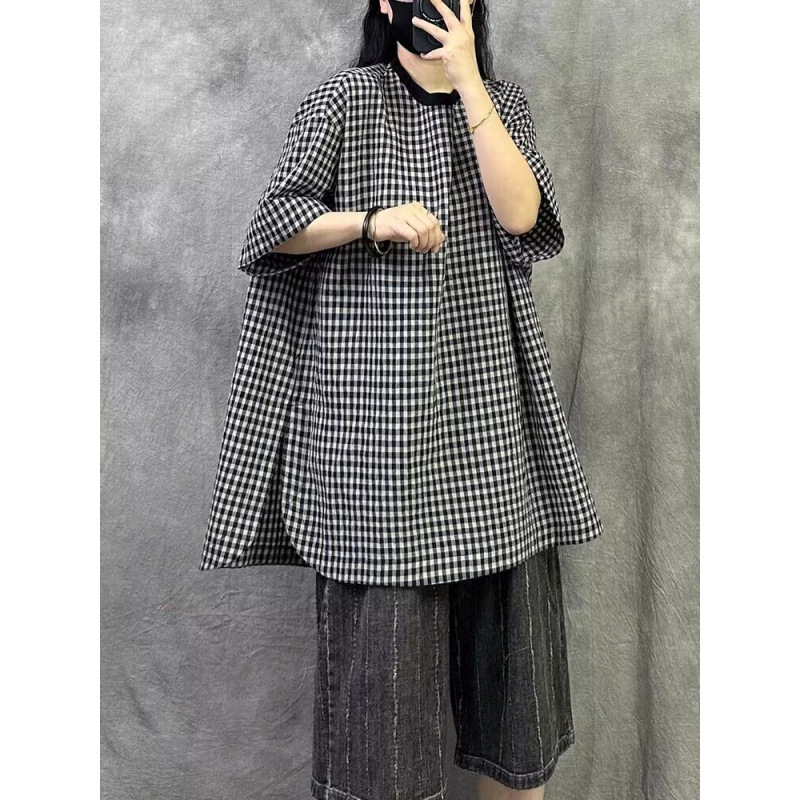 Košulja od pamuka i lana, slobodan kroj, okrugli izrez vrata, kratke rukave, književno retro stil