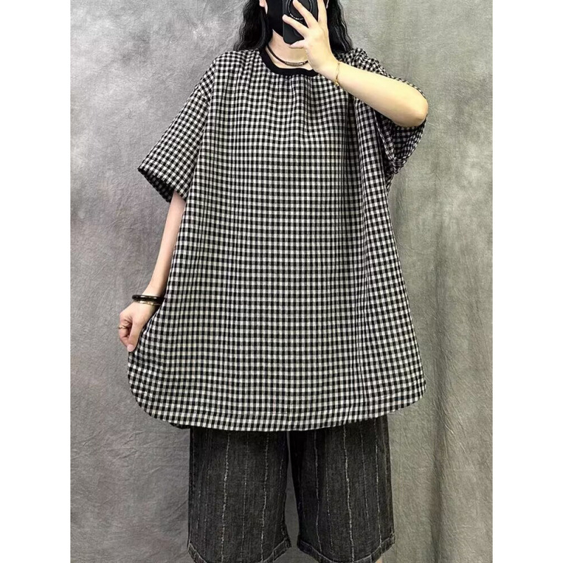 Košulja od pamuka i lana, slobodan kroj, okrugli izrez vrata, kratke rukave, književno retro stil