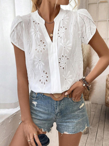 Bluza de dama cu decolteu în V, mânecă scurtă, model floral cu dantelă decupată, poliester-spandex, croială lejeră