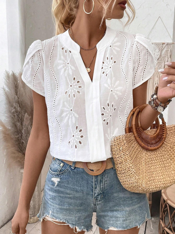 Bluza de dama cu decolteu în V, mânecă scurtă, model floral cu dantelă decupată, poliester-spandex, croială lejeră