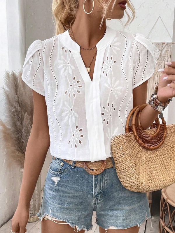 Bluza de dama cu decolteu în V, mânecă scurtă, model floral cu dantelă decupată, poliester-spandex, croială lejeră