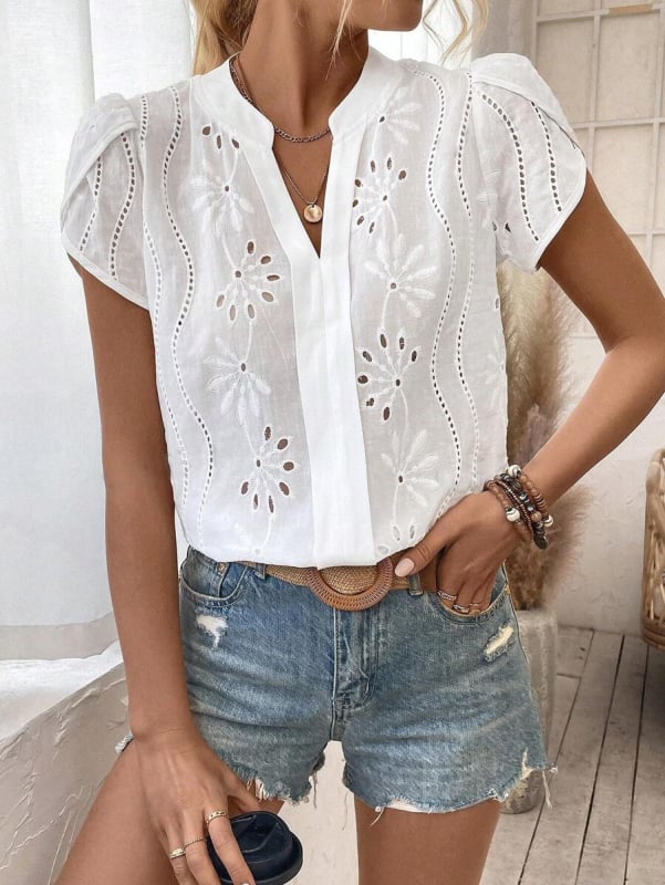 Bluza de dama cu decolteu în V, mânecă scurtă, model floral cu dantelă decupată, poliester-spandex, croială lejeră