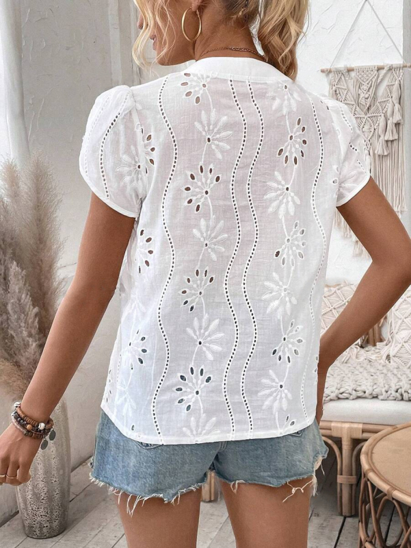 Bluza de dama cu decolteu în V, mânecă scurtă, model floral cu dantelă decupată, poliester-spandex, croială lejeră