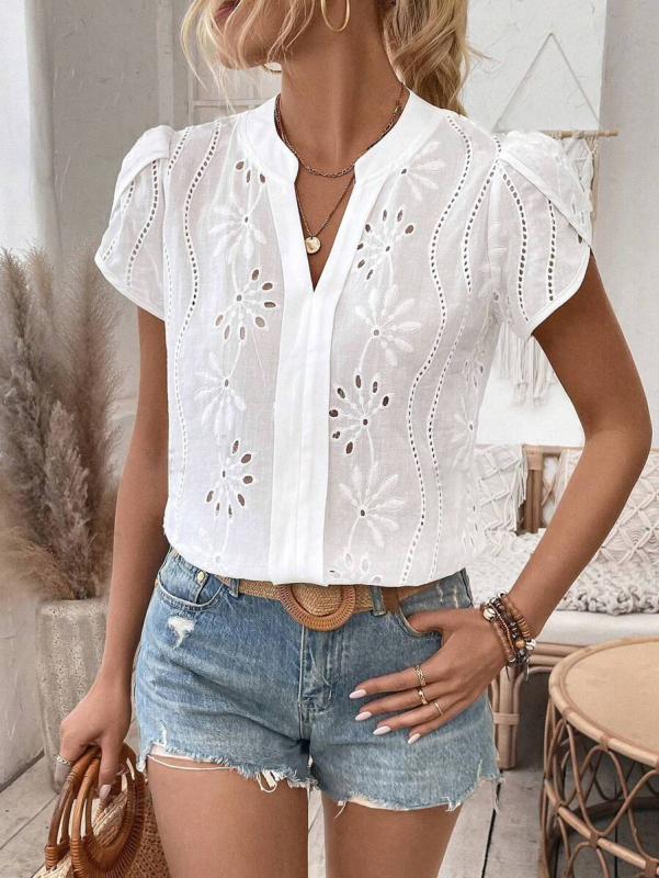 Bluza de dama cu decolteu în V, mânecă scurtă, model floral cu dantelă decupată, poliester-spandex, croială lejeră