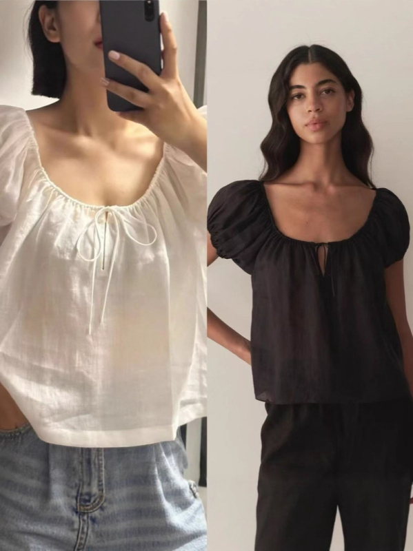 Košulja od ramije, francuski stil, ovratnik u obliku U, vezivanje vrpcom, kratki puf rukavi