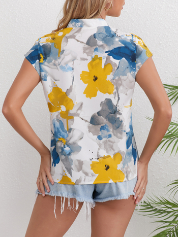 Ženska košulja s V-izrezom, slobodan kroj, cvjetni print, poliester, kratki rukav, gradski stil