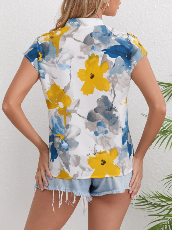 Ženska košulja s V-izrezom, slobodan kroj, cvjetni print, poliester, kratki rukav, gradski stil