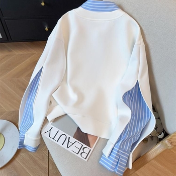 Ženski top s dugim rukavima i polo ovratnikom, prugasti patchwork, lažni dvodijelni izgled, francuski luksuzni stil