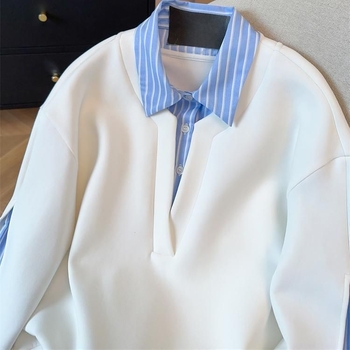 Ženski top s dugim rukavima i polo ovratnikom, prugasti patchwork, lažni dvodijelni izgled, francuski luksuzni stil