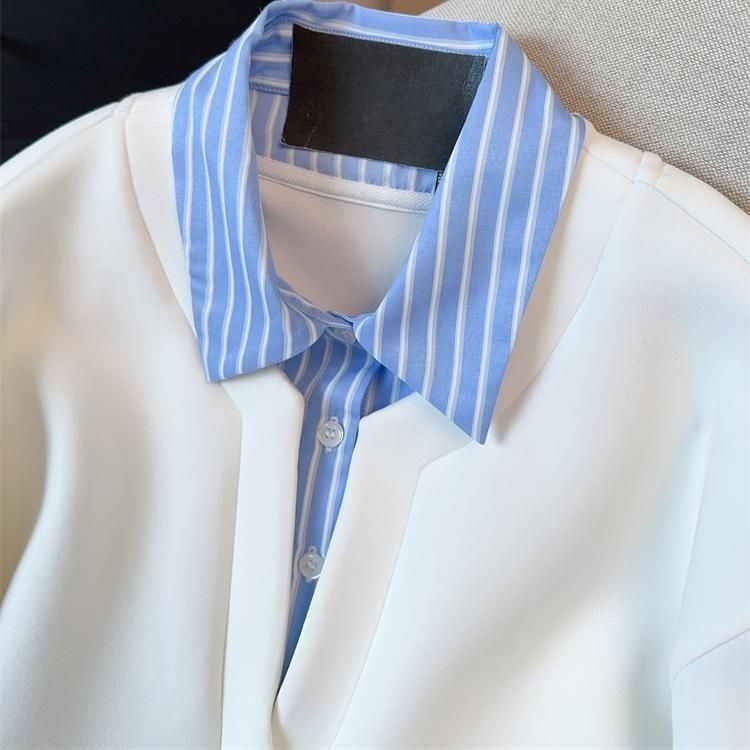 Ženski top s dugim rukavima i polo ovratnikom, prugasti patchwork, lažni dvodijelni izgled, francuski luksuzni stil
