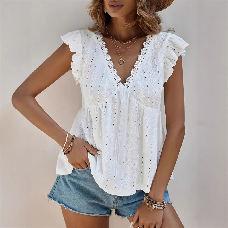Ženska bluza s V izrezom, kratki rukavi, jednobojna, poliester-elastan, elegantan stil