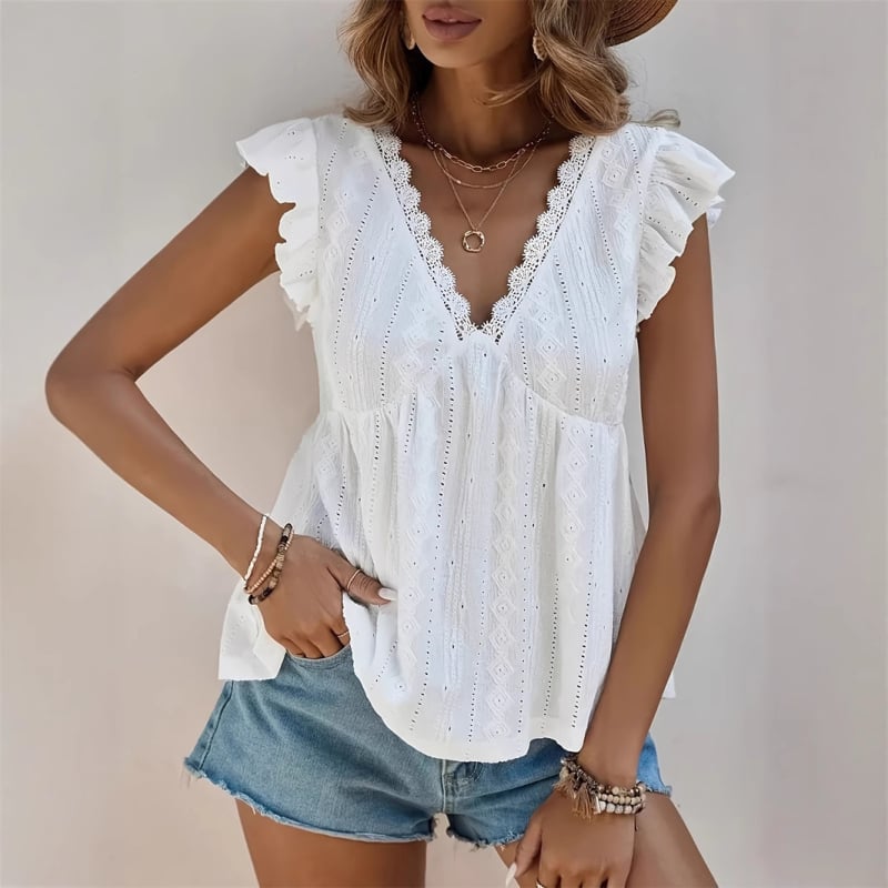 Ženska bluza s V izrezom, kratki rukavi, jednobojna, poliester-elastan, elegantan stil