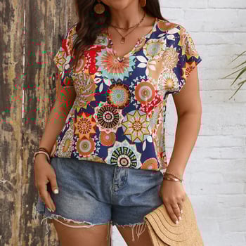 Női V-nyakú rövid ujjú poliészter ing, lazán szabott, nyár 2024