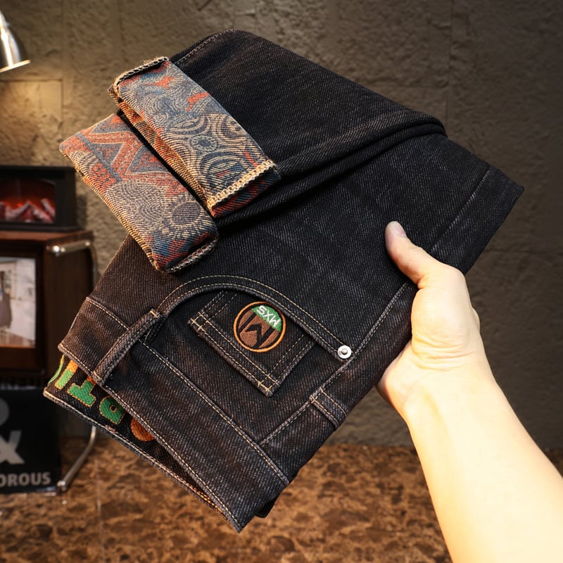 Ανδρικά τζιν με ίσιο κόψιμο, 63% βαμβάκι, μικροελαστικότητα, φερμουάρ, κέντημα και εκτύπωση