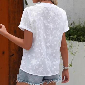 Γυναικείο πουκάμισο με φλοράλ σχέδιο, V-λαιμόκοψη, κοντό μανίκι, Πολυεστέρας 95%+, κέντημα