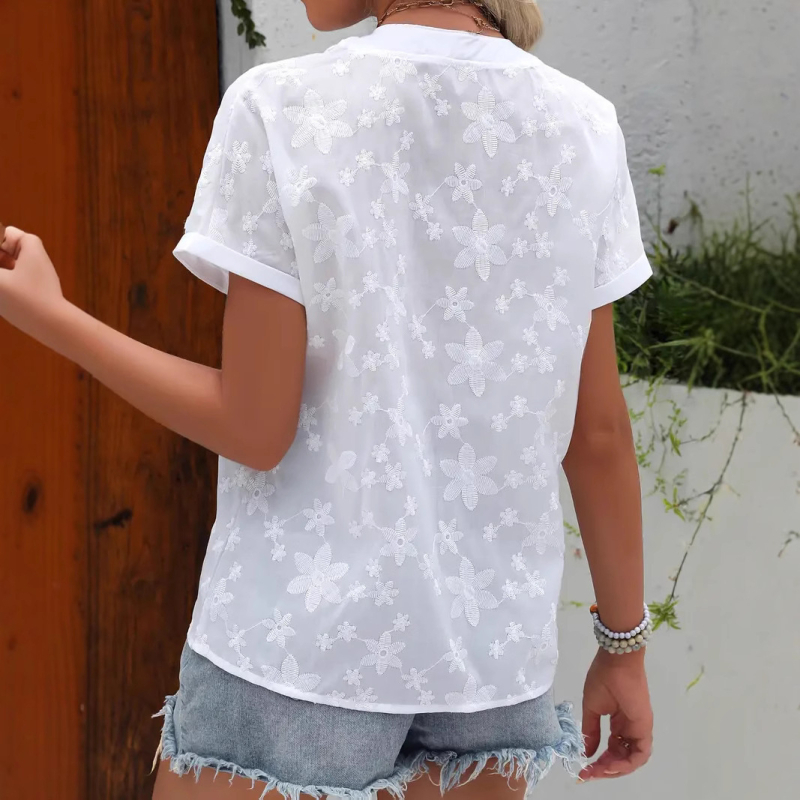 Γυναικείο πουκάμισο με φλοράλ σχέδιο, V-λαιμόκοψη, κοντό μανίκι, Πολυεστέρας 95%+, κέντημα