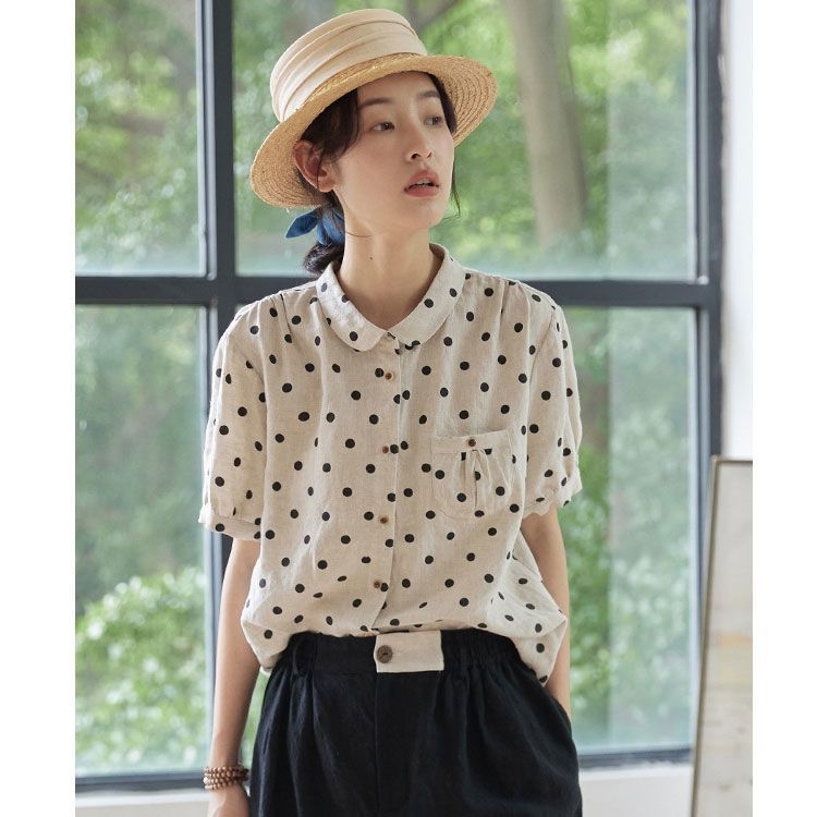 Košulja od lana Wave Point uzorak, kratki rukavi, POLO ovratnik, glavna tkanina: lan ≥95%, japansko-korejski casual stil