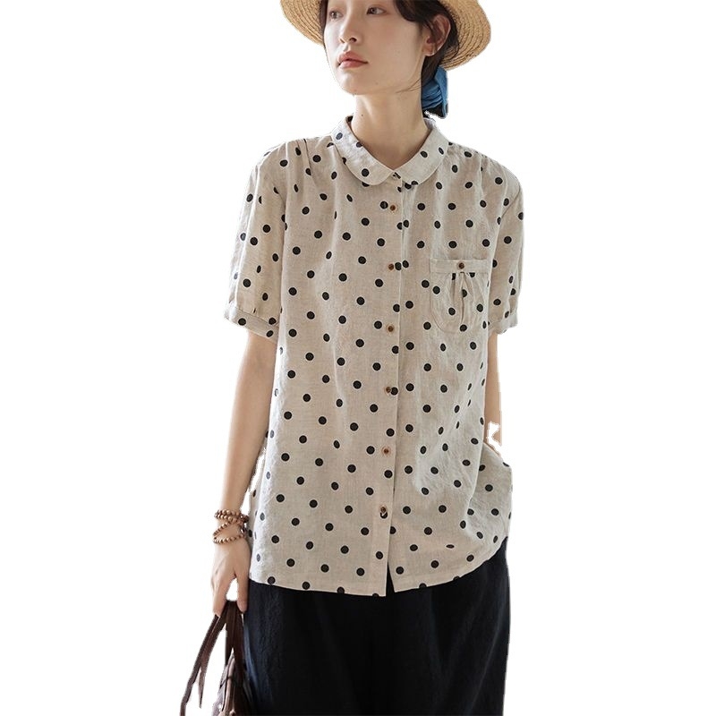 Košulja od lana Wave Point uzorak, kratki rukavi, POLO ovratnik, glavna tkanina: lan ≥95%, japansko-korejski casual stil