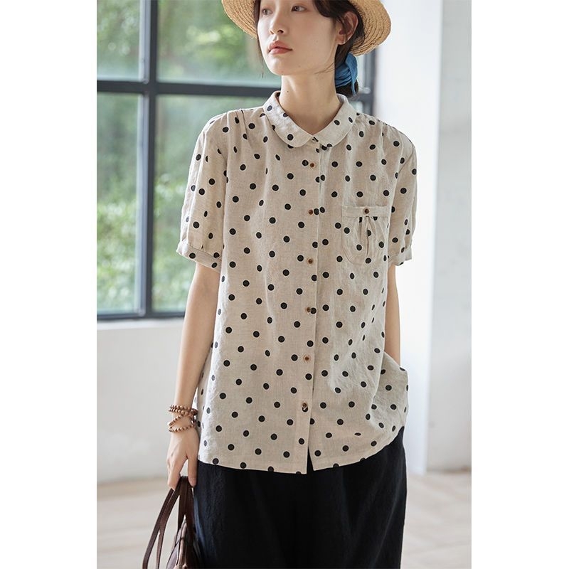 Košulja od lana Wave Point uzorak, kratki rukavi, POLO ovratnik, glavna tkanina: lan ≥95%, japansko-korejski casual stil