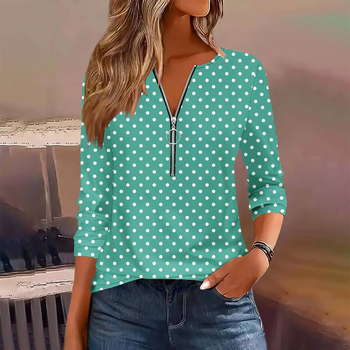 Γυναικείο πουκάμισο-μπλούζα με V-λαιμό και φερμουάρ, πλισέ σχέδιο, μακριά μανίκια, ύφασμα μιμητικό βαμβάκι, στενό κόψιμο