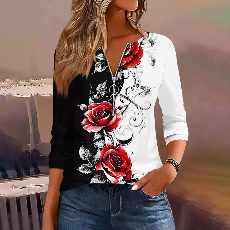 Γυναικείο πουκάμισο-μπλούζα με V-λαιμό και φερμουάρ, πλισέ σχέδιο, μακριά μανίκια, ύφασμα μιμητικό βαμβάκι, στενό κόψιμο