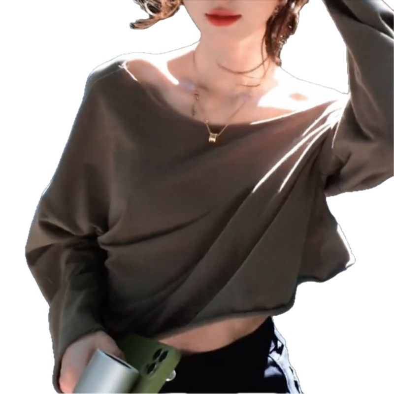 Γυναικείο μακρυμάνικο crop T‑shirt σε κορεατικό στυλ, με κουκούλα, στενή γραμμή, μονόχρωμο, βαμβακο-πολυεστερική ανάμιξη, άνοιξη 2025