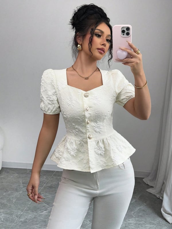 Μπλούζα από πολυεστέρα με ζακάρτ ύφανση, φουσκωτά μανίκια και βολάν, κοντά μανίκια, εφαρμοστή γραμμή