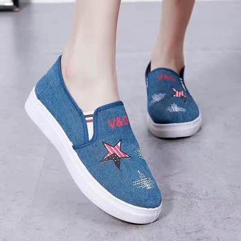 Pantofi slip-on din denim pentru femei, platformă, vârf rotund, respirabili, talpă din plastic