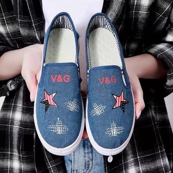 Pantofi slip-on din denim pentru femei, platformă, vârf rotund, respirabili, talpă din plastic