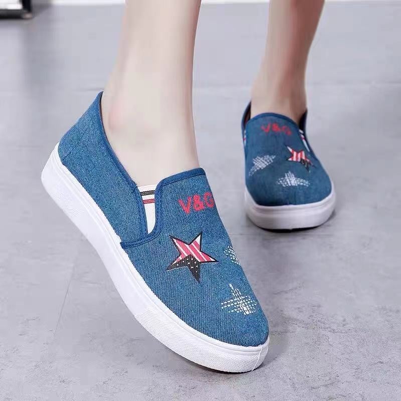 Pantofi slip-on din denim pentru femei, platformă, vârf rotund, respirabili, talpă din plastic