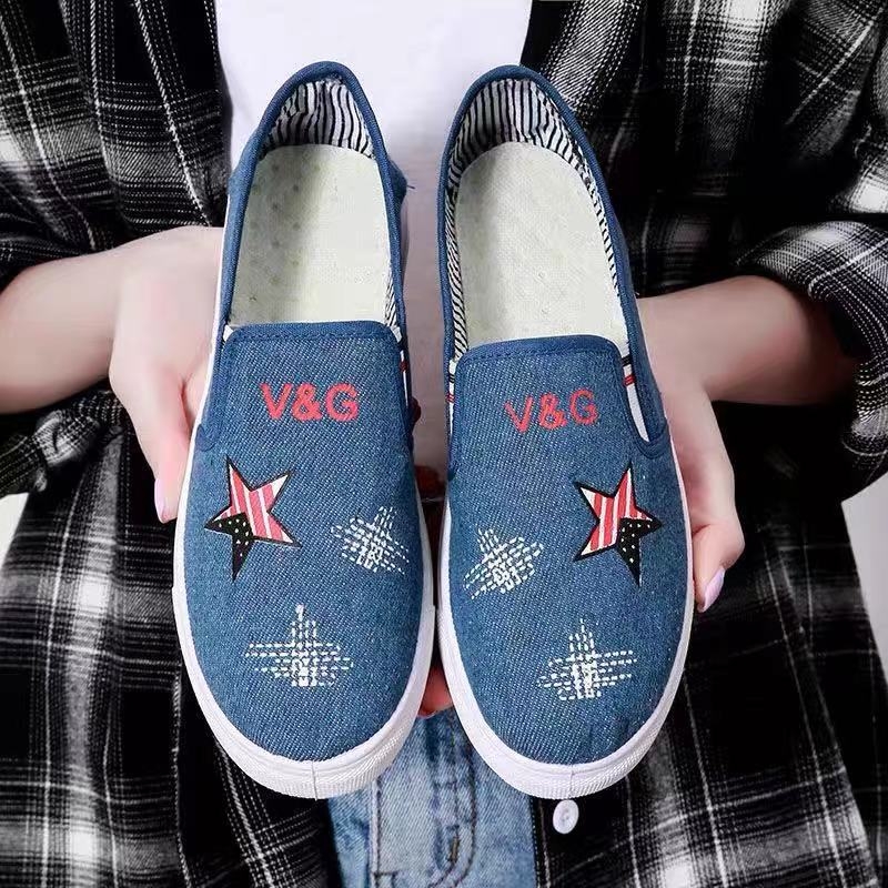 Pantofi slip-on din denim pentru femei, platformă, vârf rotund, respirabili, talpă din plastic