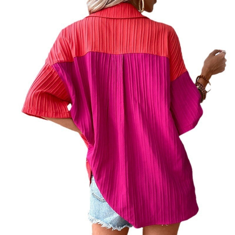 Γυναικείο πουκάμισο, ιαπωνο-κορεατικό χαλαρό στυλ, κοντό μανίκι, γιακά πουκάμισου, μπροστινό κούμπωμα σε μονή σειρά με πολλά κουμπιά, μεσαίο μήκος