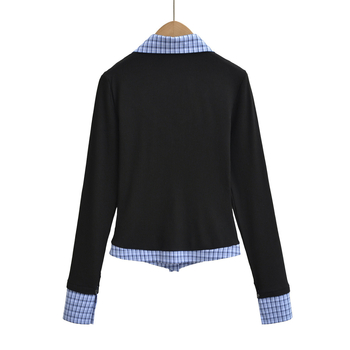 Πουκάμισο με patchwork σε μπλοκ σχέδιο, μακριά μανίκια, γιακά polo, στενή γραμμή, βαμβακερό ύφασμα