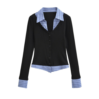 Πουκάμισο με patchwork σε μπλοκ σχέδιο, μακριά μανίκια, γιακά polo, στενή γραμμή, βαμβακερό ύφασμα