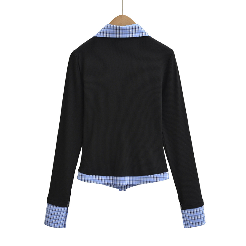 Πουκάμισο με patchwork σε μπλοκ σχέδιο, μακριά μανίκια, γιακά polo, στενή γραμμή, βαμβακερό ύφασμα