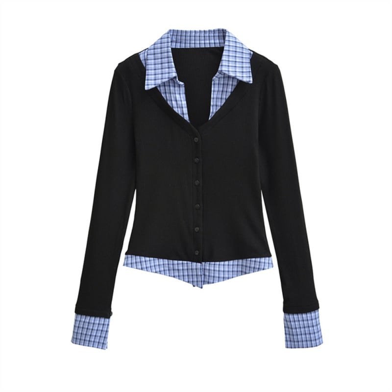 Πουκάμισο με patchwork σε μπλοκ σχέδιο, μακριά μανίκια, γιακά polo, στενή γραμμή, βαμβακερό ύφασμα