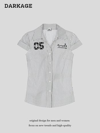 DARKAGE Αμερικανικό ρετρό καρό κοντομάνικο πουκάμισο, βαμβακερό ύφασμα, στενή γραμμή